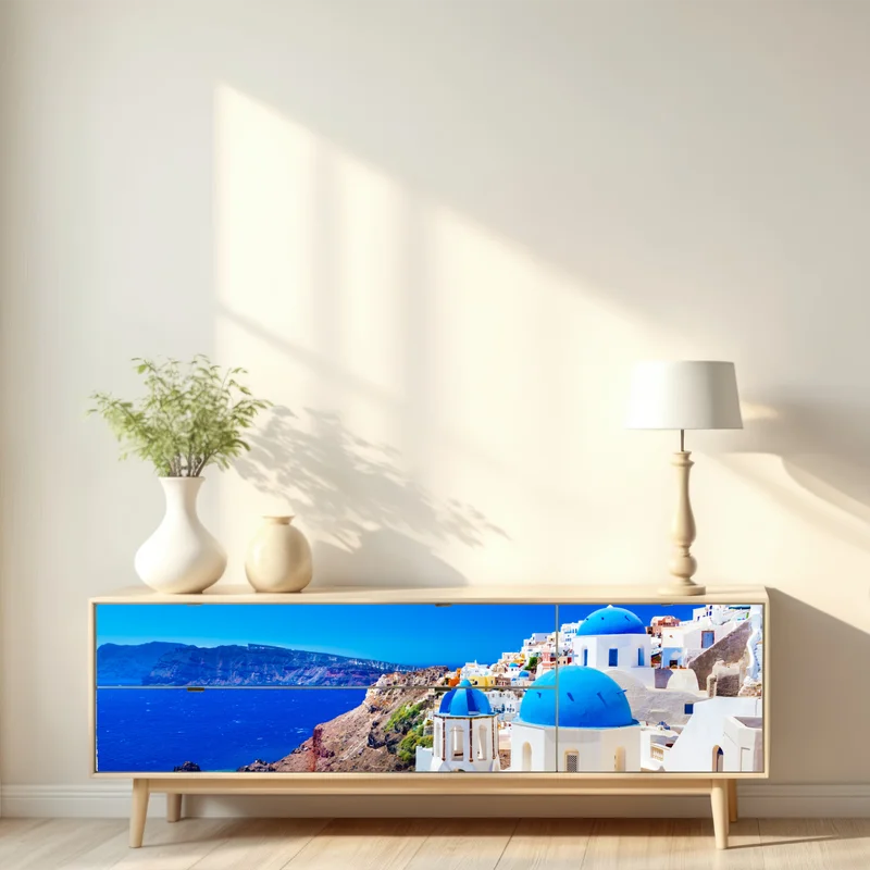 Repositionierbarer Aufkleber Santorini blaue kuppeln über dem Ägäischen Meer Repositionierbarer Aufkleber Santorini blaue kuppeln über dem Ägäischen Meer