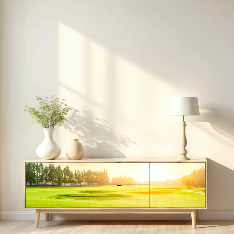 Repositionierbarer Aufkleber sonnenbeschienene wiese und wald bei sonnenaufgang Repositionierbarer Aufkleber sonnenbeschienene wiese und wald bei sonnenaufgang