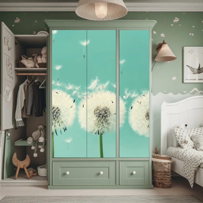 Schrankaufkleber drei löwenzahn-pusteblumen auf türkisgrund