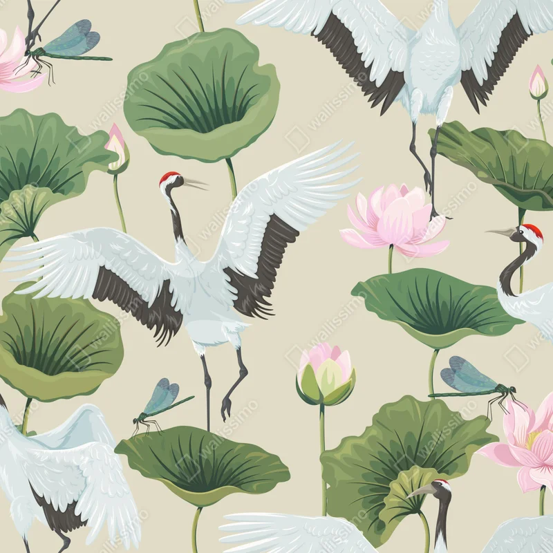 Fototapete elegantes muster mit kranichen und lotusblumen Fototapete elegantes muster mit kranichen und lotusblumen