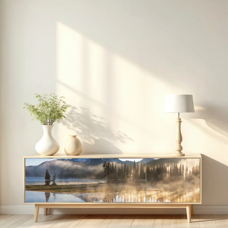 Repositionierbarer Aufkleber nebliger bergspiegel am see bei sonnenaufgang Repositionierbarer Aufkleber nebliger bergspiegel am see bei sonnenaufgang