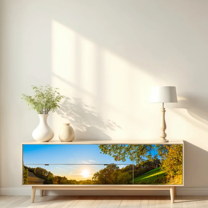 Repositionierbarer Aufkleber sonnenbeschienene wiese mit landweg bei sonnenuntergang Repositionierbarer Aufkleber sonnenbeschienene wiese mit landweg bei sonnenuntergang