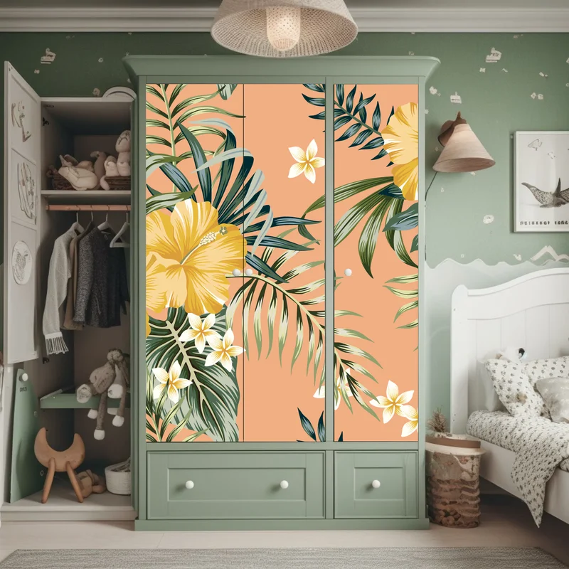 Schrankaufkleber tropisches hibiskusmuster auf pfirsichfarbenem hintergrund Schrankaufkleber tropisches hibiskusmuster auf pfirsichfarbenem hintergrund