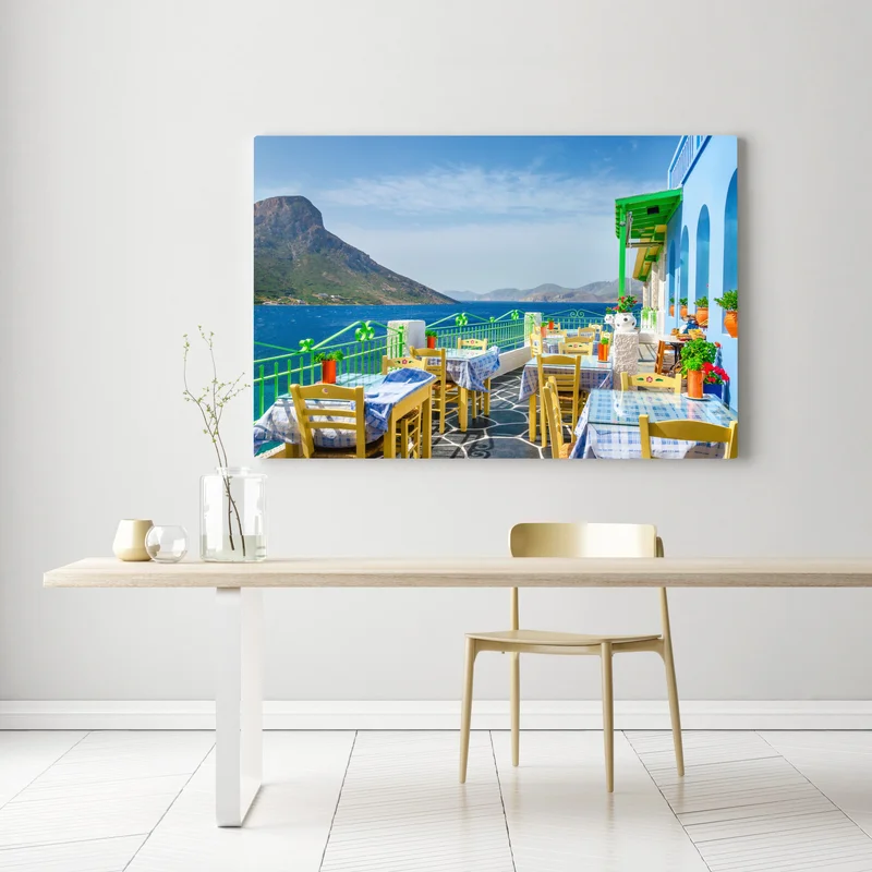 Leinwandbild sonnige terrasse am meer mit küstenblick Leinwandbild sonnige terrasse am meer mit küstenblick