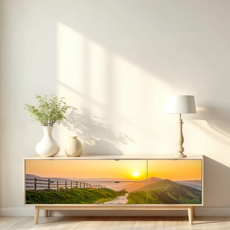 Repositionierbarer Aufkleber sonnenbeschienener gebirgskamm bei sonnenaufgang