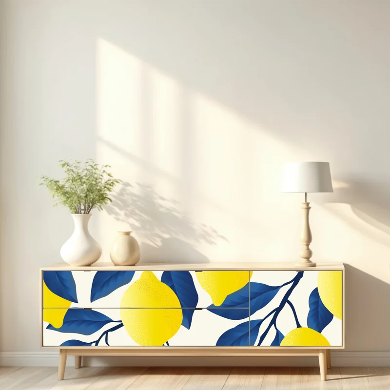 Repositionierbarer Aufkleber lebhaftes zitronenmuster mit blauen blättern