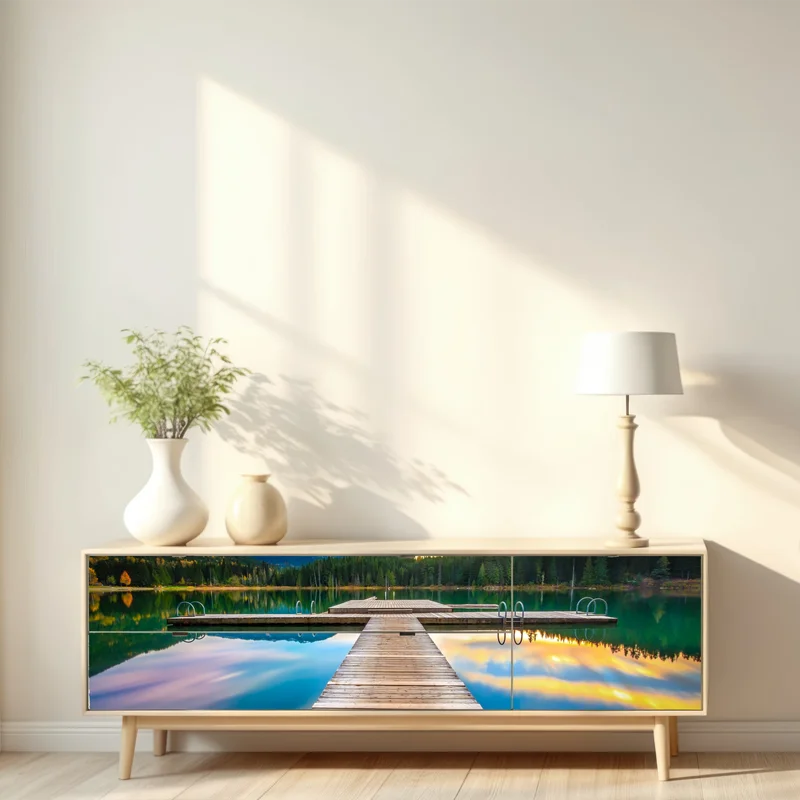 Repositionierbarer Aufkleber ruhiger bergsee im sonnenuntergang