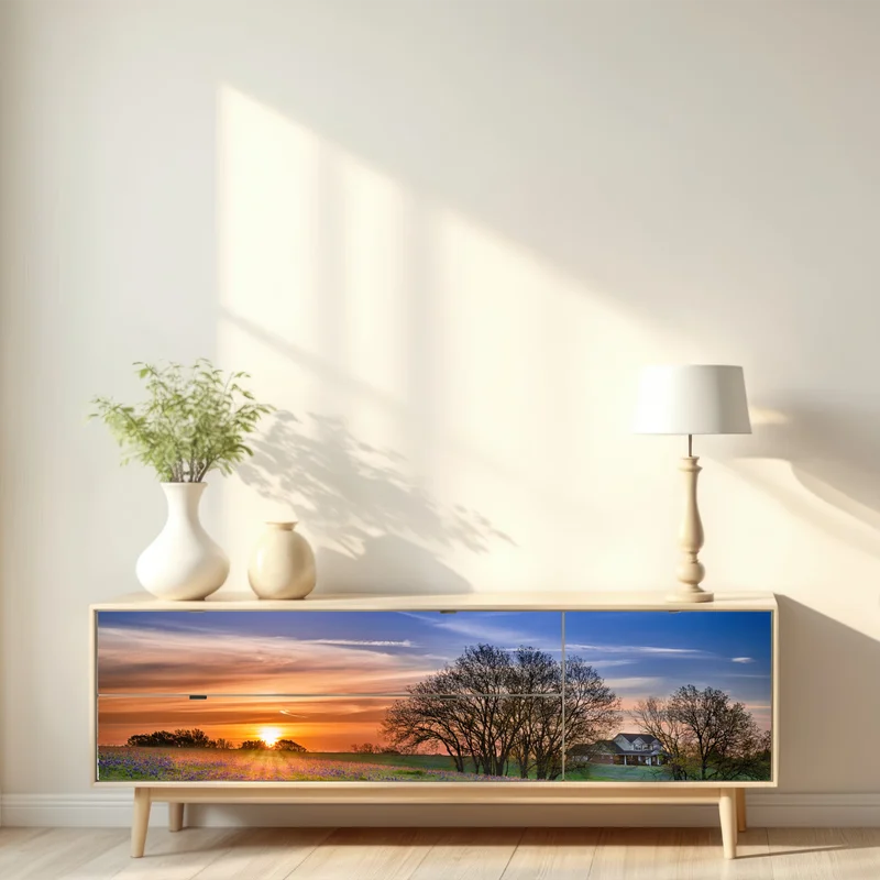 Repositionierbarer Aufkleber Texas wiese mit bluebonnets im sonnenaufgang