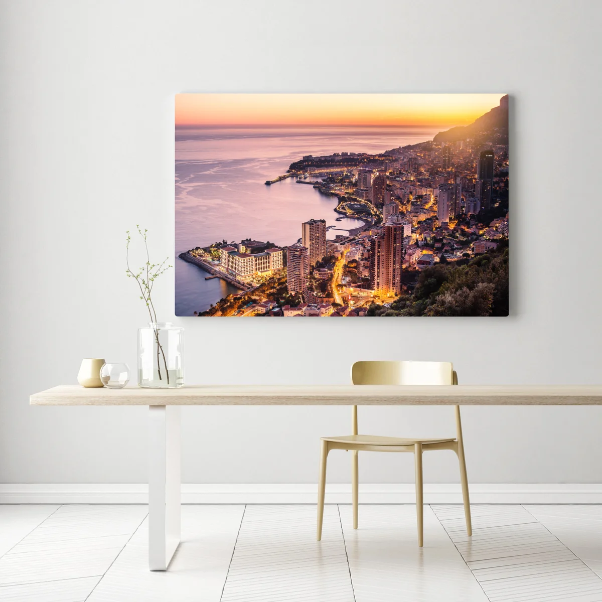 Leinwandbild sonnenuntergang über der städtischen küstenlinie Leinwandbild sonnenuntergang über der städtischen küstenlinie
