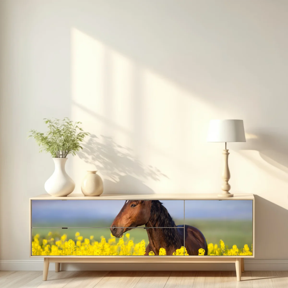 Repositionierbarer Aufkleber braunes pferd im gelben rapsfeld Repositionierbarer Aufkleber braunes pferd im gelben rapsfeld