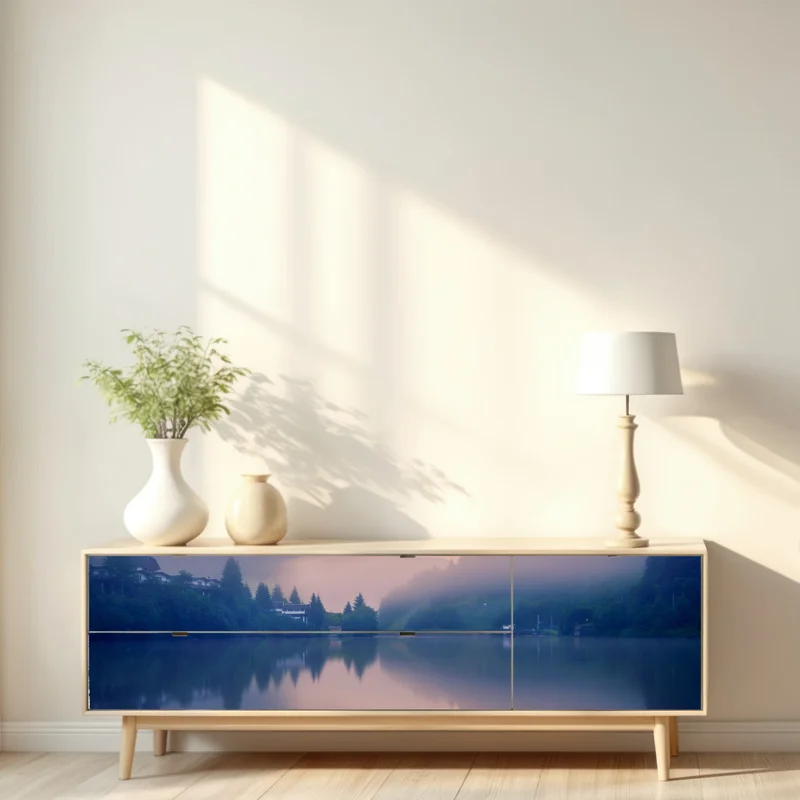 Repositionierbarer Aufkleber nebeliger bergsee bei dämmerung