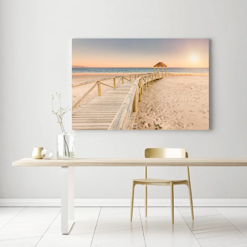 Leinwandbild hölzerner steg zum strand von Trafalgar bei sonnenuntergang Leinwandbild hölzerner steg zum strand von Trafalgar bei sonnenuntergang