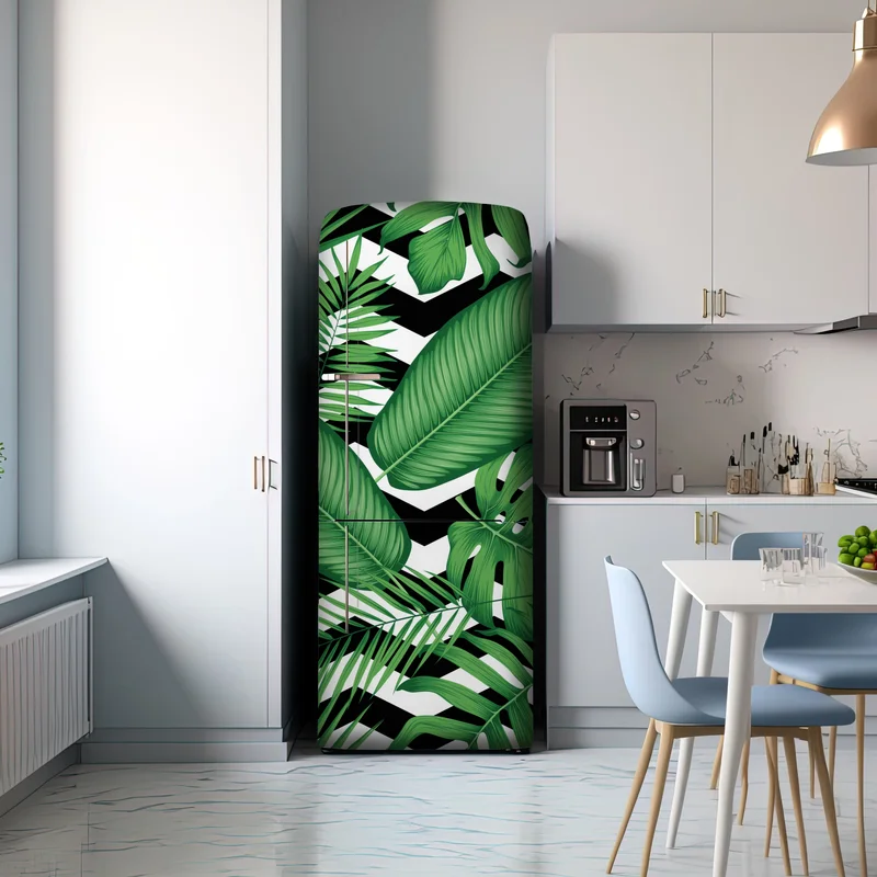 Kühlschrankaufkleber tropisches blättermuster auf zickzack-hintergrund