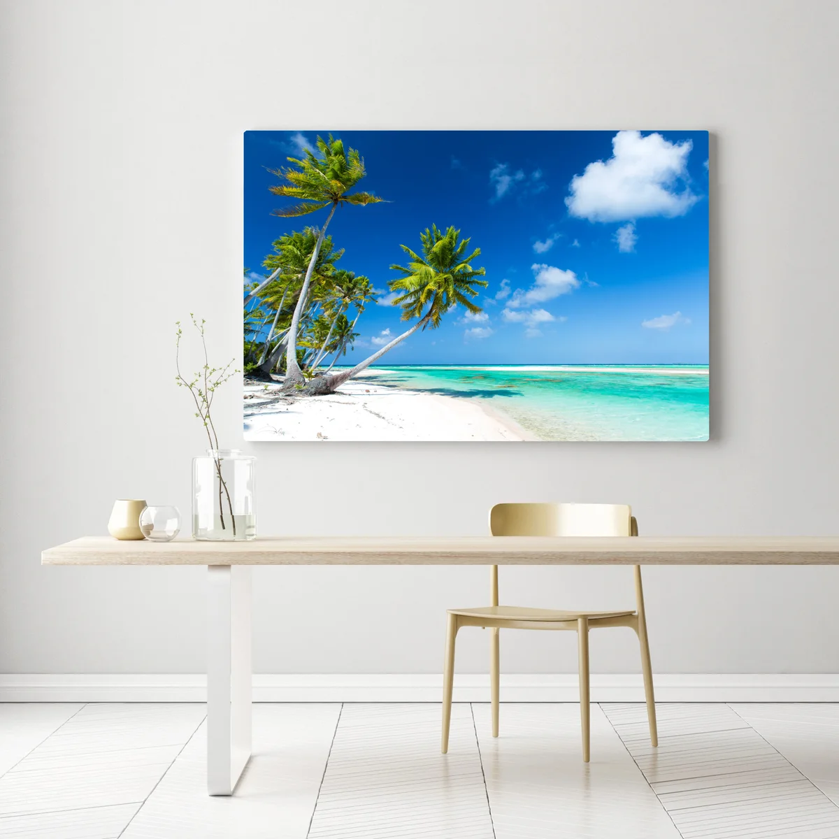 Leinwandbild tropischer strand mit palmen und türkisfarbenem wasser Leinwandbild tropischer strand mit palmen und türkisfarbenem wasser