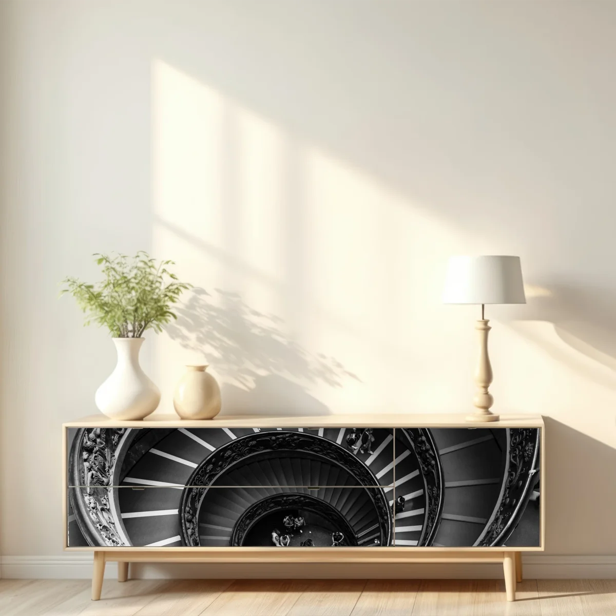 Repositionierbarer Aufkleber dramatische spiraltreppe in monochrom Repositionierbarer Aufkleber dramatische spiraltreppe in monochrom