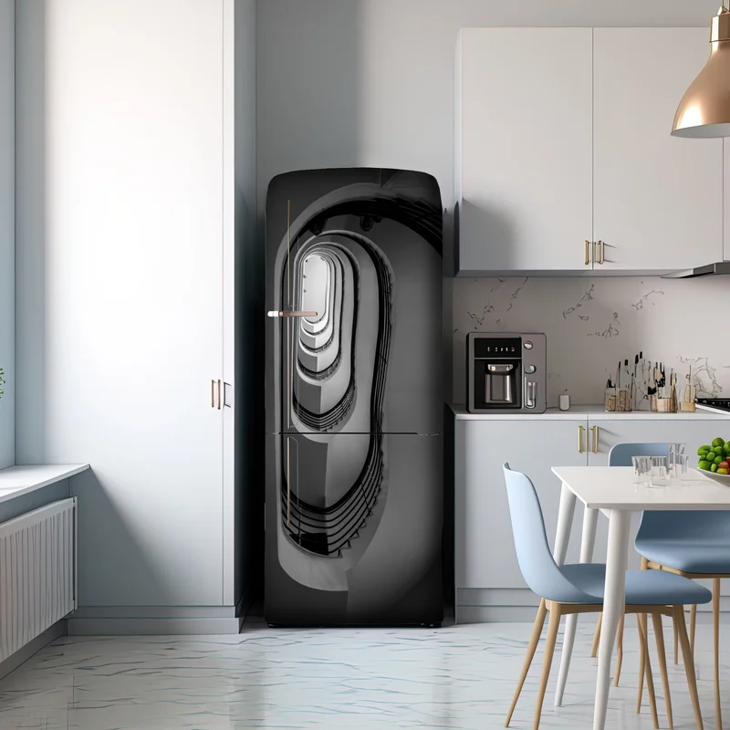 Kühlschrankaufkleber spiraltreppe perspektive in schwarzweiß