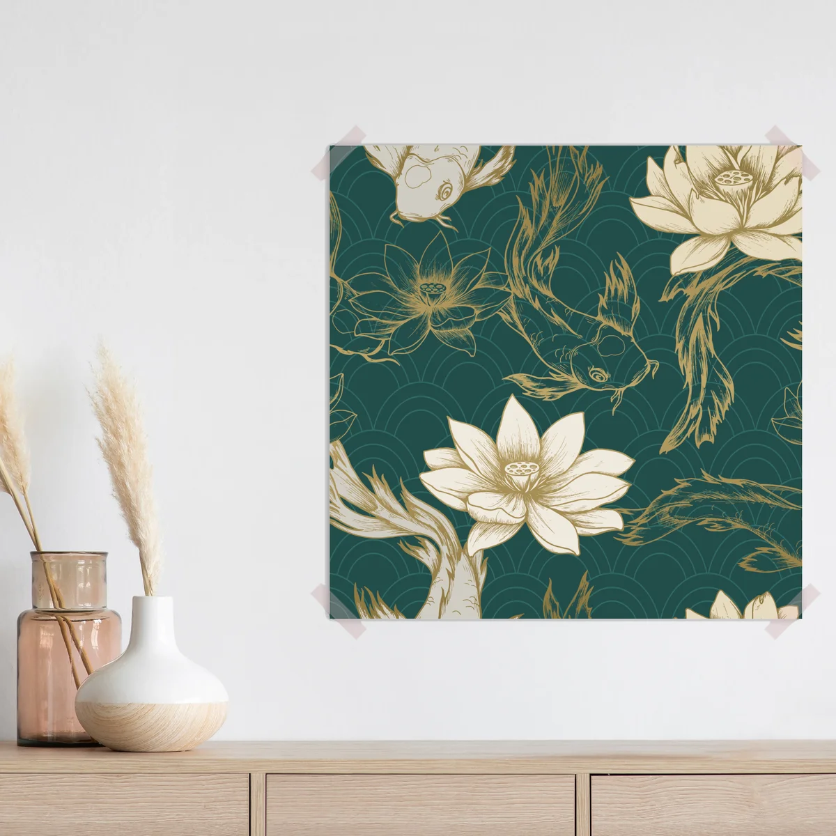 Poster orientalisches koi- und lotosmuster in türkis und gold Poster orientalisches koi- und lotosmuster in türkis und gold