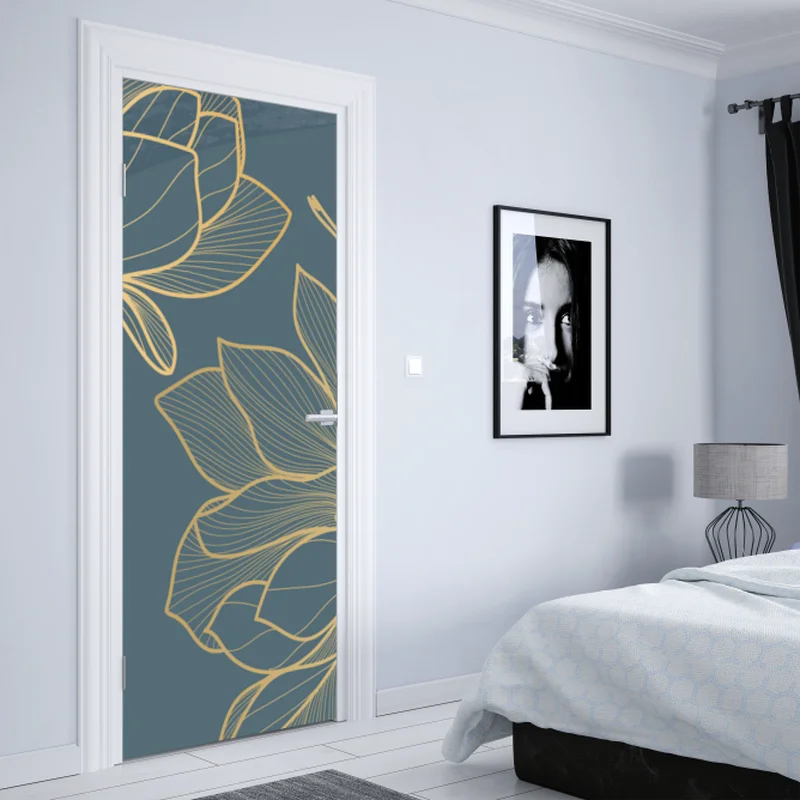 Türaufkleber goldene magnolie auf türkisfarbenem hintergrund