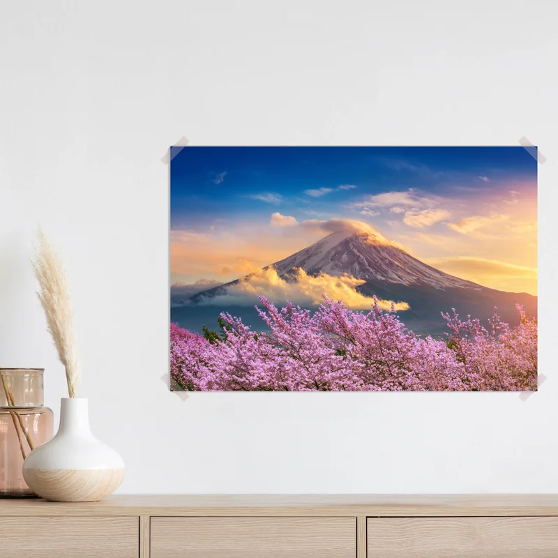 Poster Berg Fuji mit blühenden kirschblüten bei sonnenaufgang Poster Berg Fuji mit blühenden kirschblüten bei sonnenaufgang