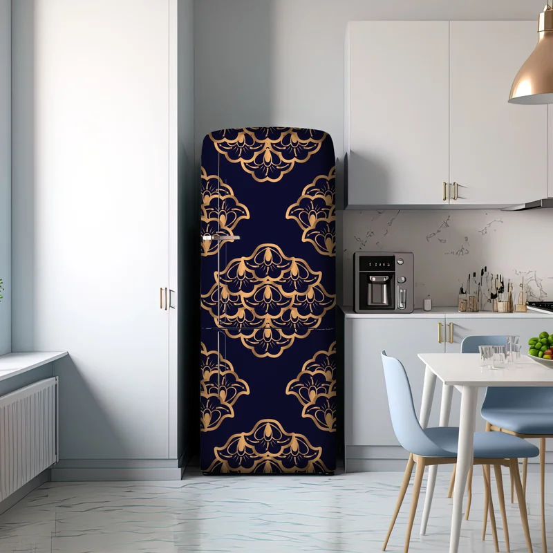 Kühlschrankaufkleber goldenes damastmuster auf marineblauem hintergrund