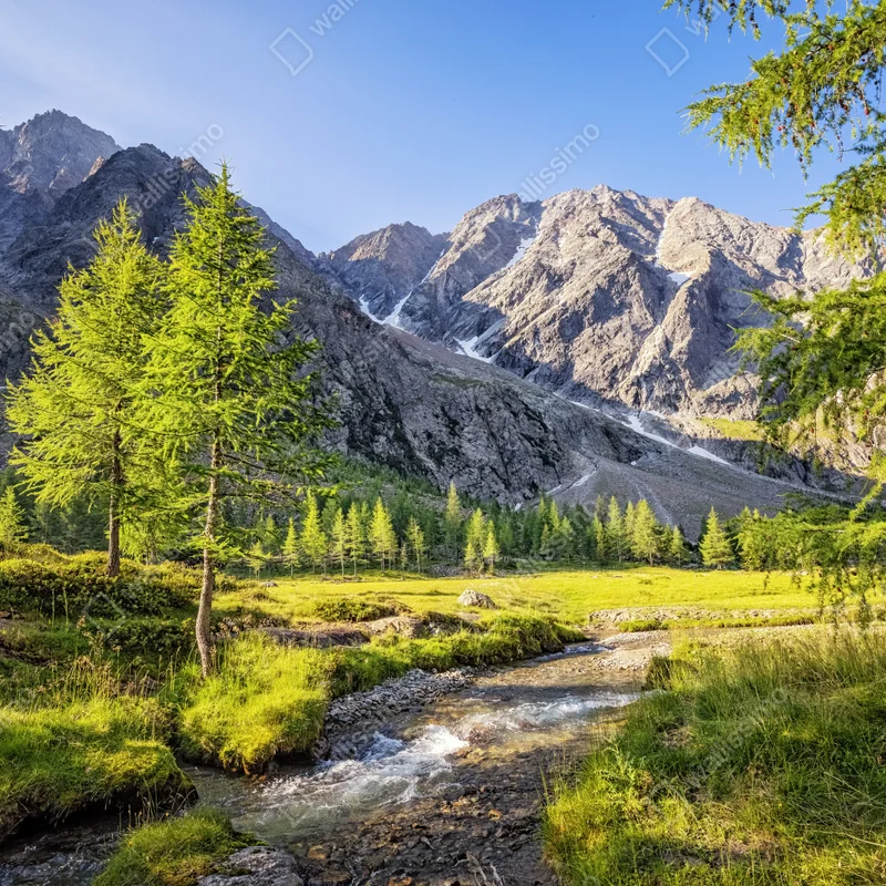 Repositionierbarer Aufkleber alpine wiese mit bergbach Repositionierbarer Aufkleber alpine wiese mit bergbach