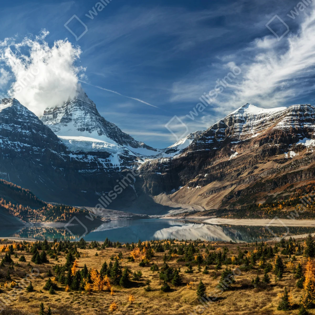 Repositionierbarer Aufkleber schneebedeckte gipfel gespiegelt in einem herbstlichen alpensee Repositionierbarer Aufkleber schneebedeckte gipfel gespiegelt in einem herbstlichen alpensee