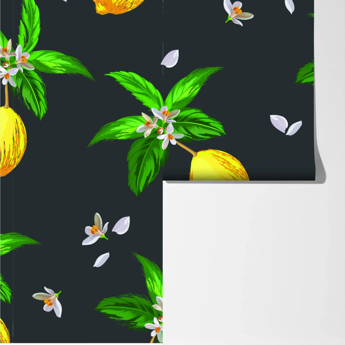 Fototapete leuchtendes zitronenmuster mit grünen blättern Fototapete leuchtendes zitronenmuster mit grünen blättern