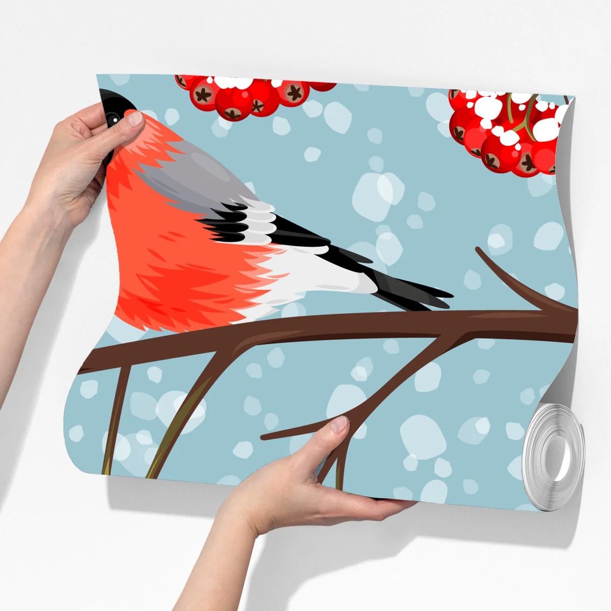 Fototapete winterliche gimpel und vogelbeeren - muster Fototapete winterliche gimpel und vogelbeeren - muster