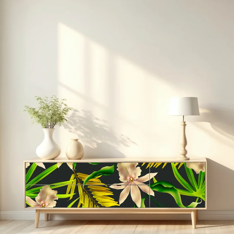 Repositionierbarer Aufkleber tropisches orchideenmuster auf dunklem hintergrund