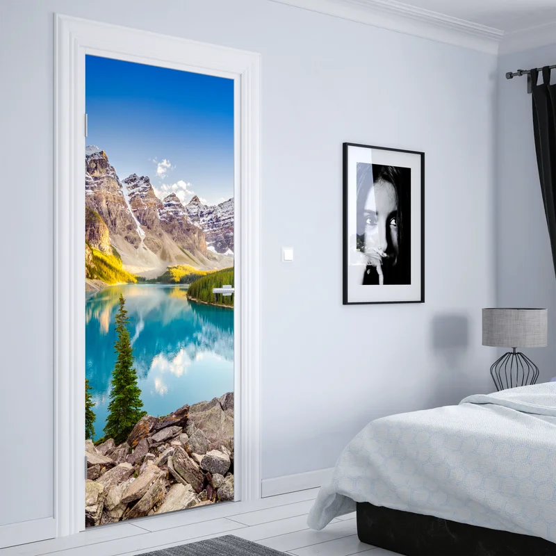 Türaufkleber sonnenbeschienenes Moraine Lake bergpanorama