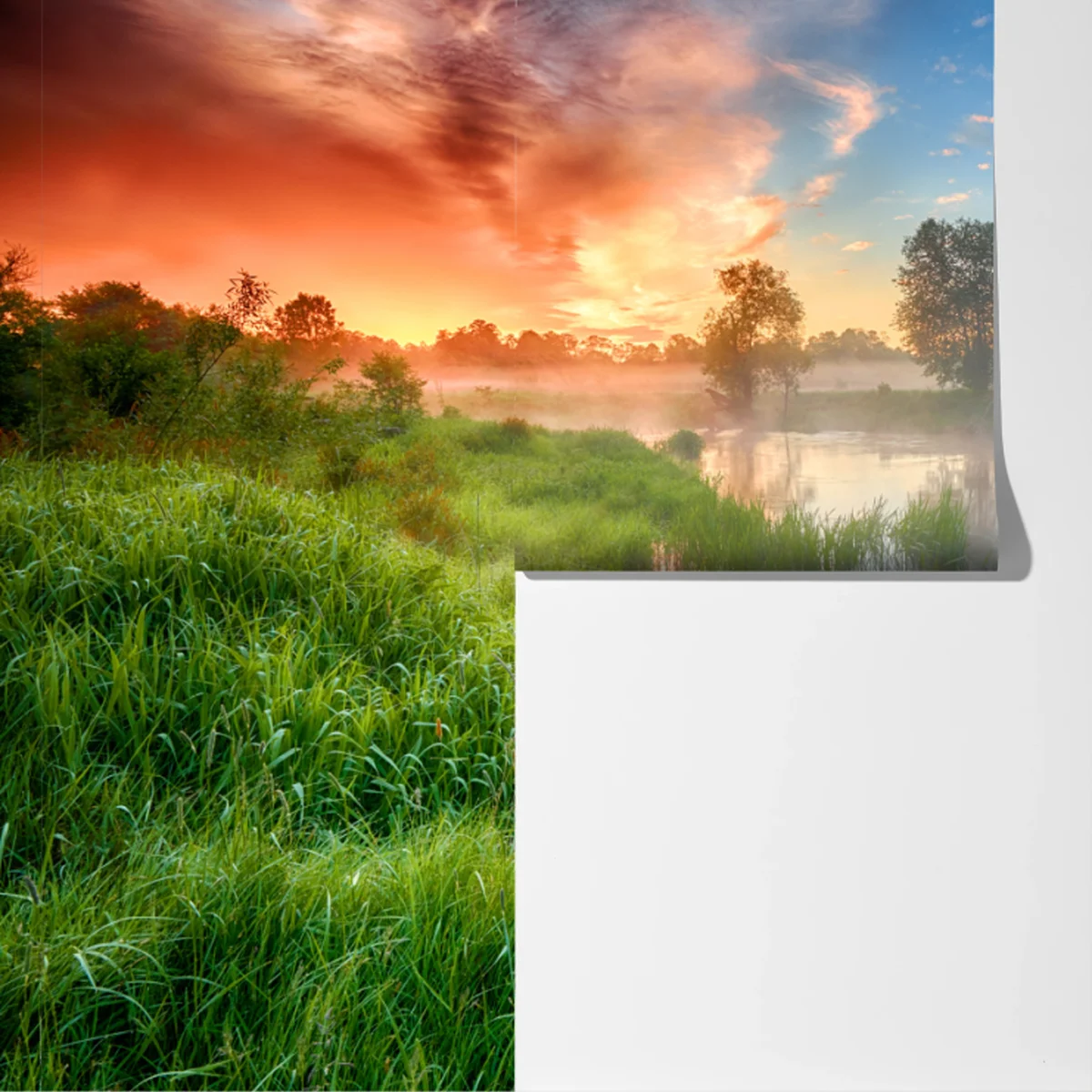 Fototapete nebel bei sonnenaufgang am flussufer Fototapete nebel bei sonnenaufgang am flussufer