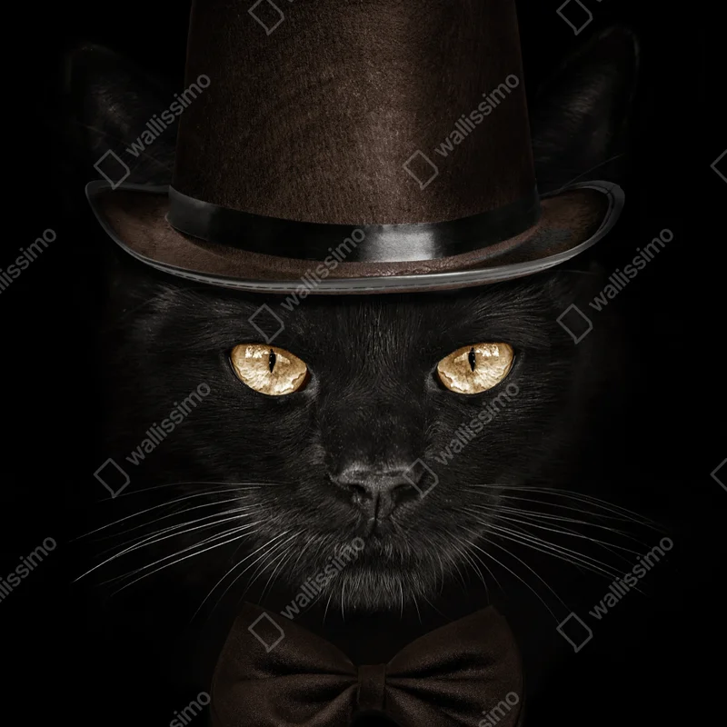 Leinwandbild elegante schwarze katze mit zylinder und fliege Leinwandbild elegante schwarze katze mit zylinder und fliege