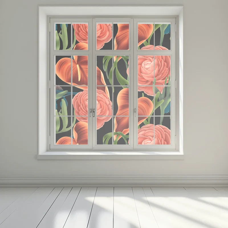 Fensteraufkleber lebhaftes korallenblumenmuster auf schwarzem hintergrund