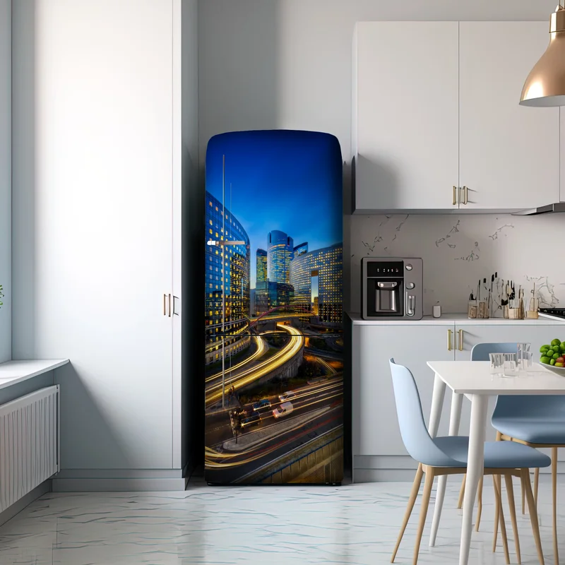 Kühlschrankaufkleber moderne stadtsilhouette bei dämmerung