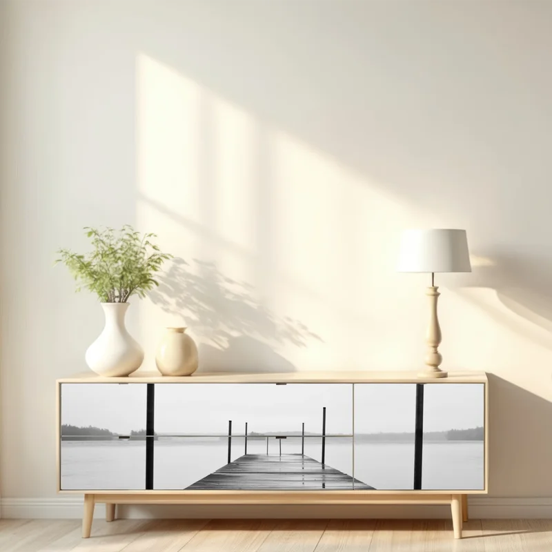 Repositionierbarer Aufkleber nebliger steg am see in monochrom