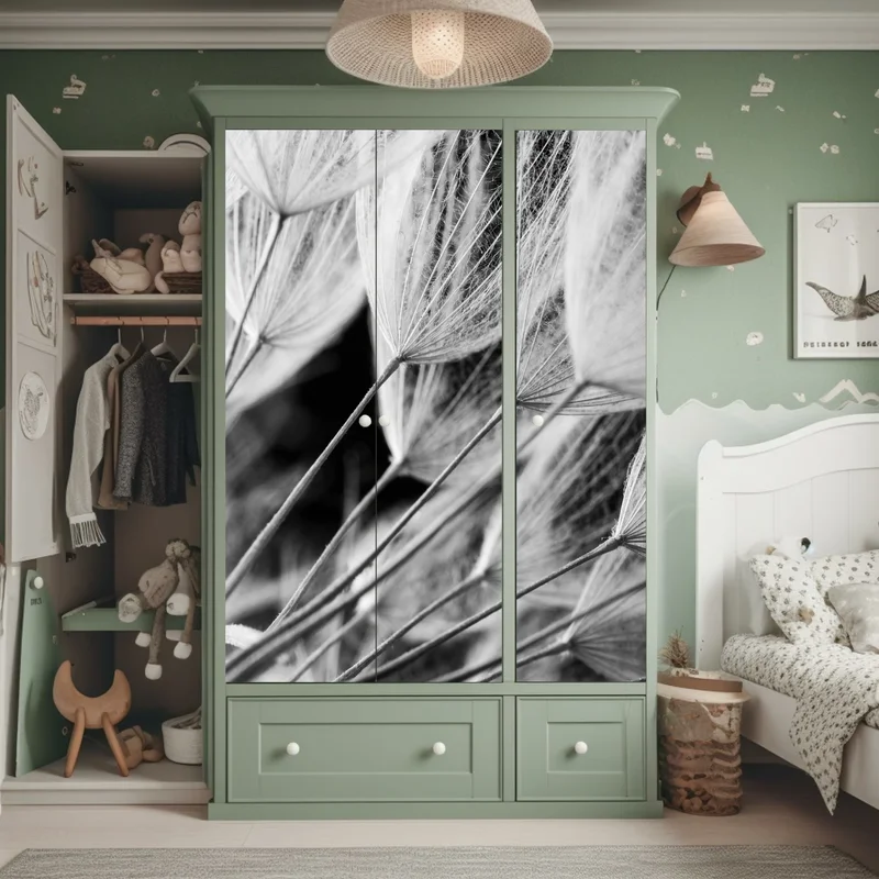 Schrankaufkleber zarte nahaufnahme von löwenzahnsamen in monochrom