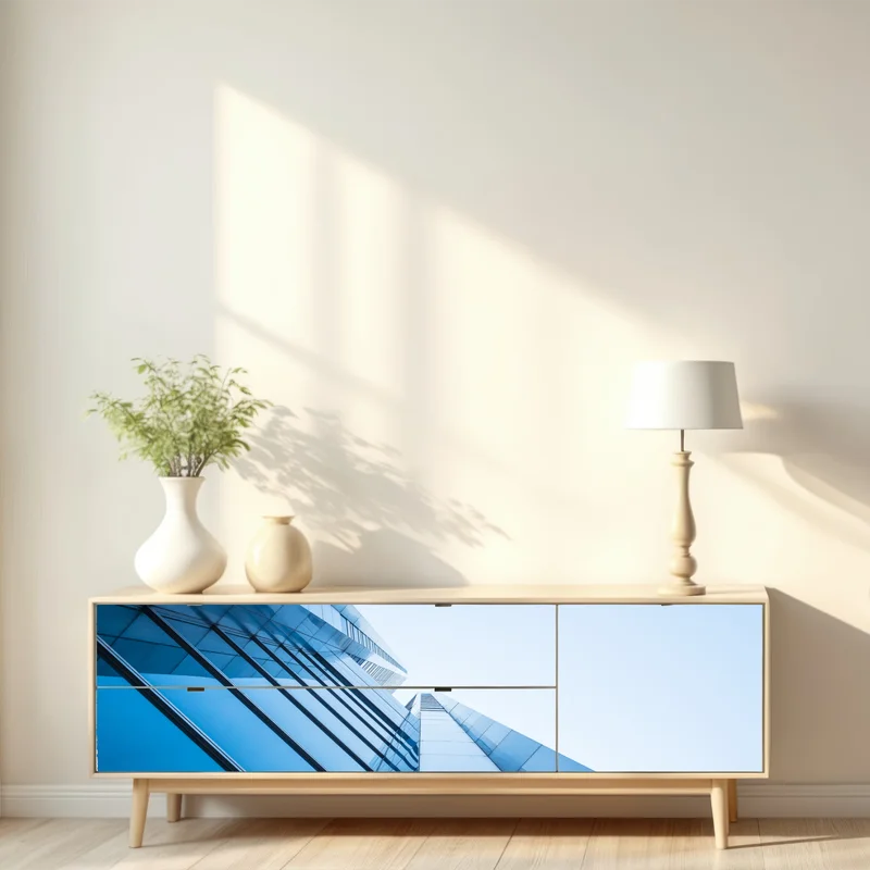 Repositionierbarer Aufkleber moderne blaue glasfassade