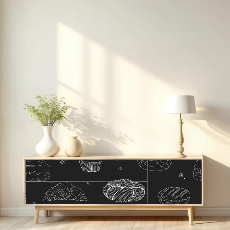 Repositionierbarer Aufkleber handgezeichnetes gebäckmuster auf dunklem hintergrund Repositionierbarer Aufkleber handgezeichnetes gebäckmuster auf dunklem hintergrund