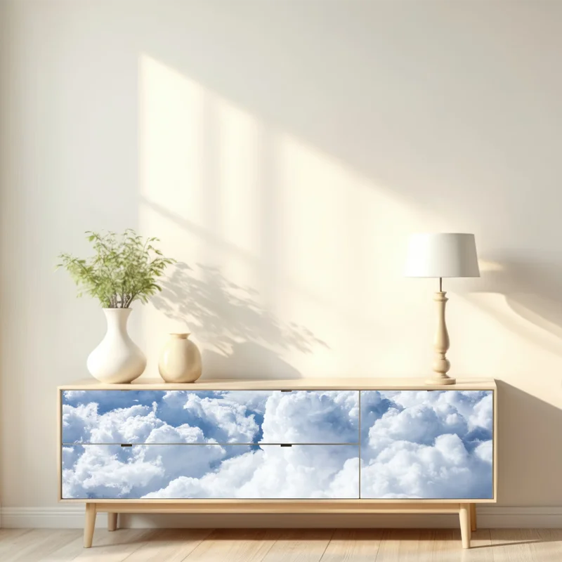 Repositionierbarer Aufkleber blick von oben: sanfte wolken und blauer himmel