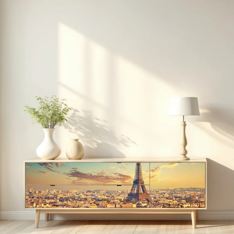 Repositionierbarer Aufkleber sonnenuntergang über Paris skyline mit eiffelturm