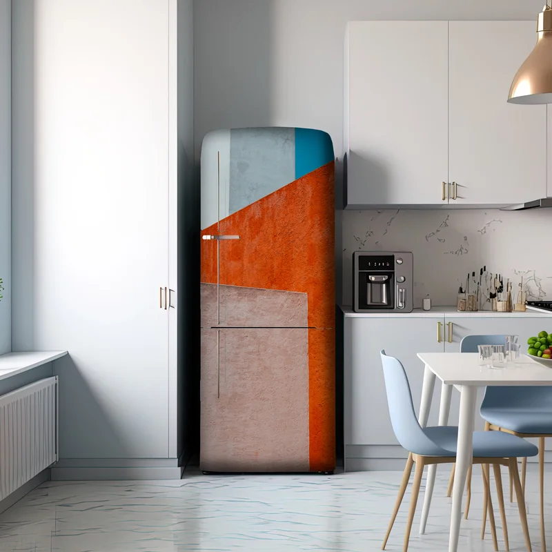 Kühlschrankaufkleber mutige geometrische fassade in orange und türkis