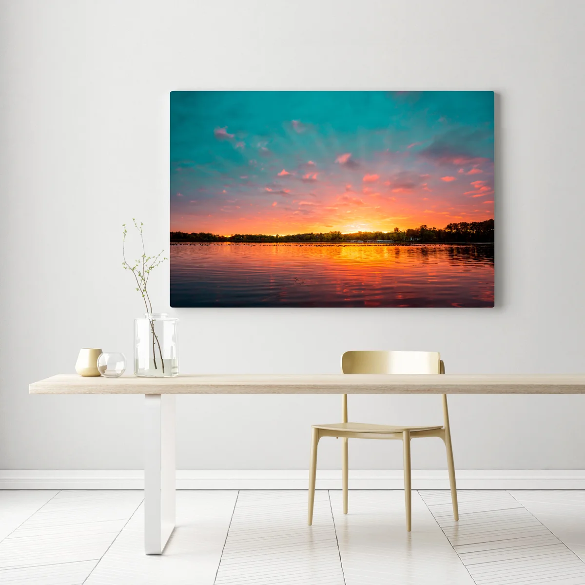 Leinwandbild türkisfarbener sonnenuntergang über ruhigem see Leinwandbild türkisfarbener sonnenuntergang über ruhigem see