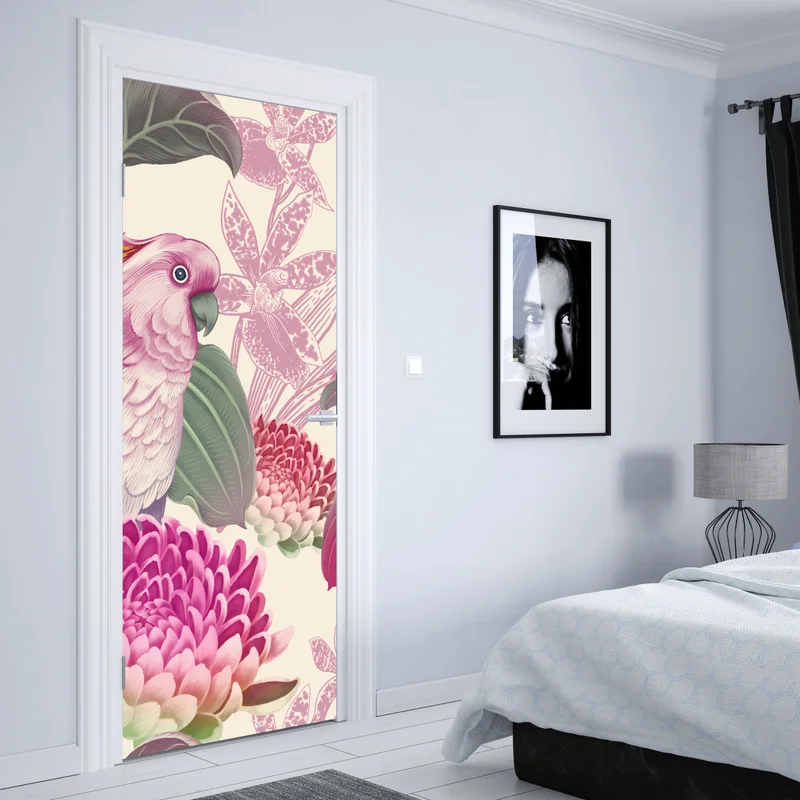 Türaufkleber rosa papagei und chrysantheme - botanisches motiv