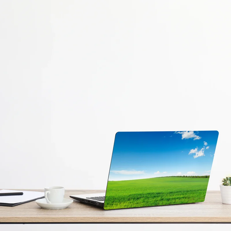 Naklejka na laptopa spokojna zielona łąka pod niebieskim niebem Naklejka na laptopa spokojna zielona łąka pod niebieskim niebem