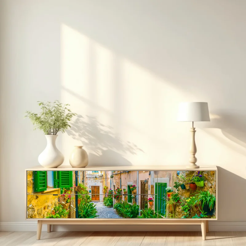 Repositionierbarer Aufkleber sonnige gasse mit grünen fensterläden