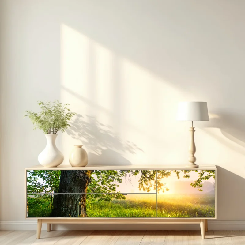 Repositionierbarer Aufkleber morgendliche eiche auf sonnenbeschienener wiese