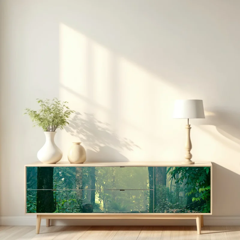 Repositionierbarer Aufkleber moosbedeckte steintreppe in den nebligen wald