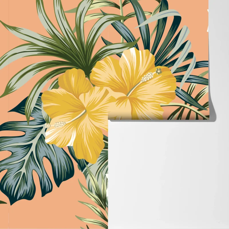 Fototapete tropisches hibiskusmuster auf pfirsichfarbenem hintergrund Fototapete tropisches hibiskusmuster auf pfirsichfarbenem hintergrund