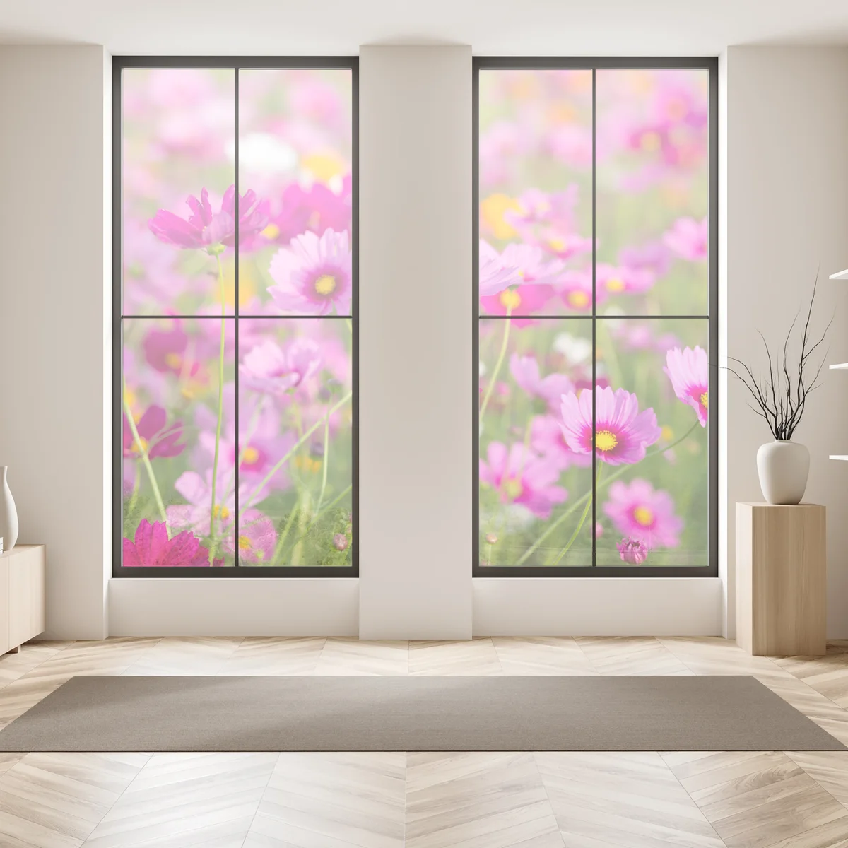 Fensteraufkleber rosa kosmeenwiese in blüte Fensteraufkleber rosa kosmeenwiese in blüte