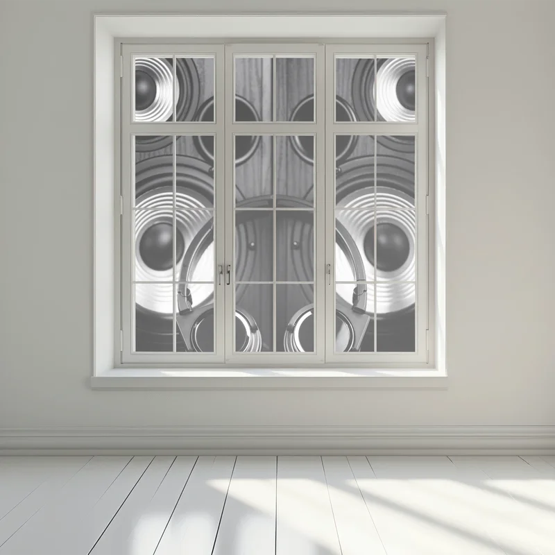 Fensteraufkleber monochromes audio-ensemble mit kopfhörern und lautsprechern Fensteraufkleber monochromes audio-ensemble mit kopfhörern und lautsprechern